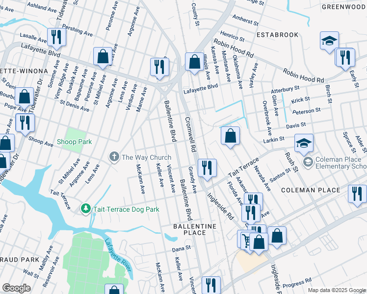 map of restaurants, bars, coffee shops, grocery stores, and more near 2739 Grandy Avenue in Norfolk