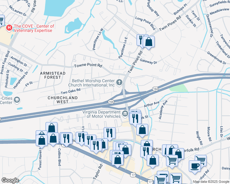 map of restaurants, bars, coffee shops, grocery stores, and more near 77 Pepperwood Lane in Portsmouth