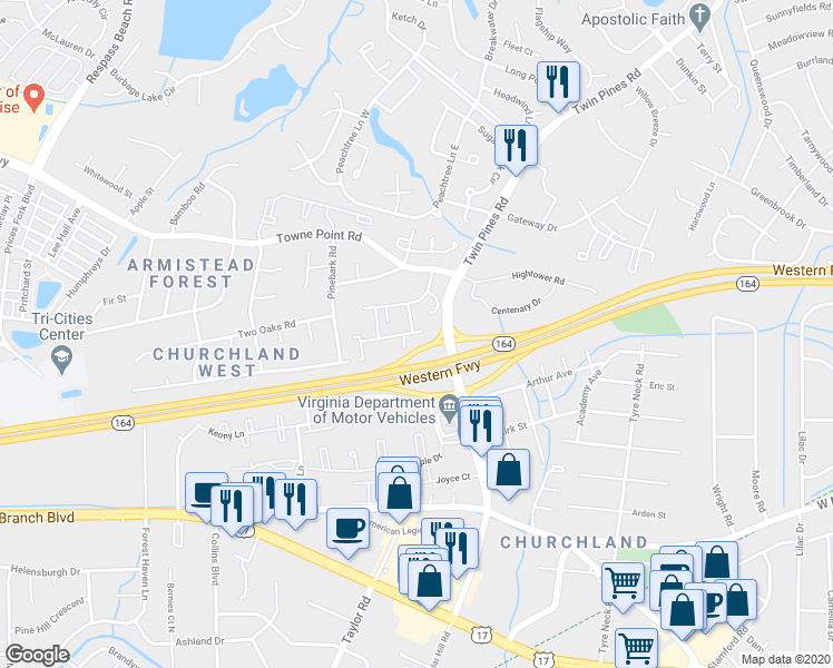map of restaurants, bars, coffee shops, grocery stores, and more near 77 Pepperwood Lane in Portsmouth