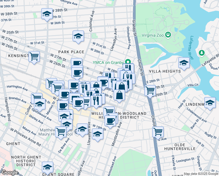 map of restaurants, bars, coffee shops, grocery stores, and more near 213 West 26th Street in Norfolk