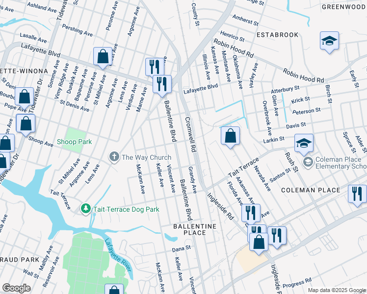 map of restaurants, bars, coffee shops, grocery stores, and more near 2739 Grandy Avenue in Norfolk