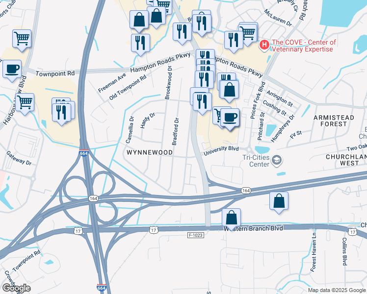 map of restaurants, bars, coffee shops, grocery stores, and more near 5969 Old College Drive in Suffolk