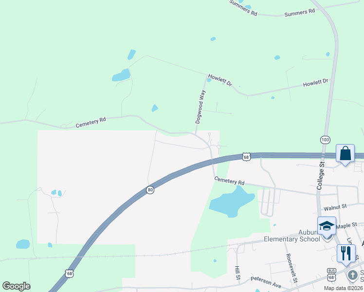 map of restaurants, bars, coffee shops, grocery stores, and more near Robbins Drive in Auburn