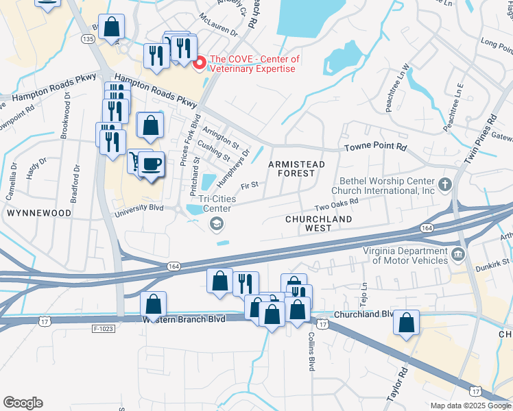 map of restaurants, bars, coffee shops, grocery stores, and more near 3839 Magnolia Drive in Portsmouth