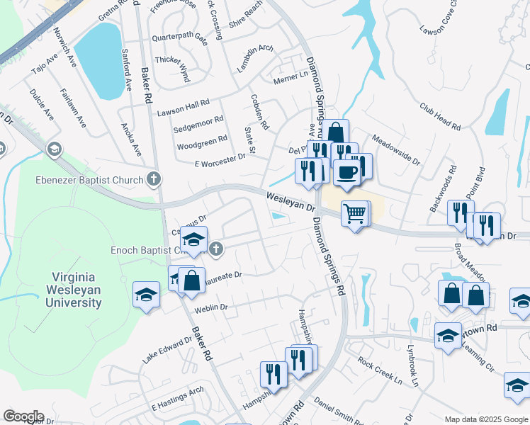 map of restaurants, bars, coffee shops, grocery stores, and more near 5576 Goose Pond Lane in Virginia Beach