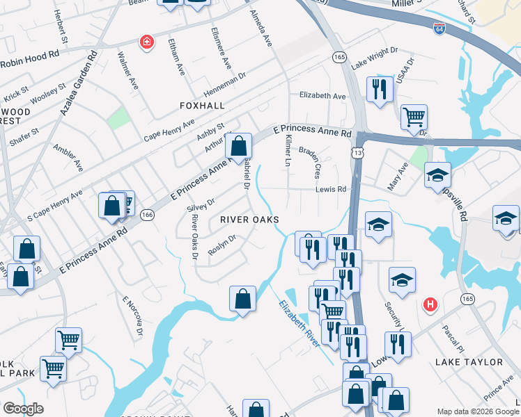map of restaurants, bars, coffee shops, grocery stores, and more near 5407 Lewis Road in Norfolk