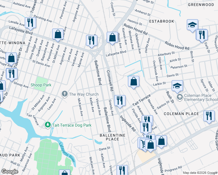 map of restaurants, bars, coffee shops, grocery stores, and more near 2746 Grandy Avenue in Norfolk