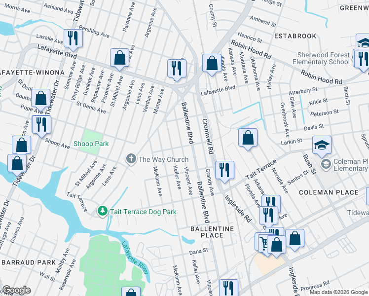 map of restaurants, bars, coffee shops, grocery stores, and more near in Norfolk