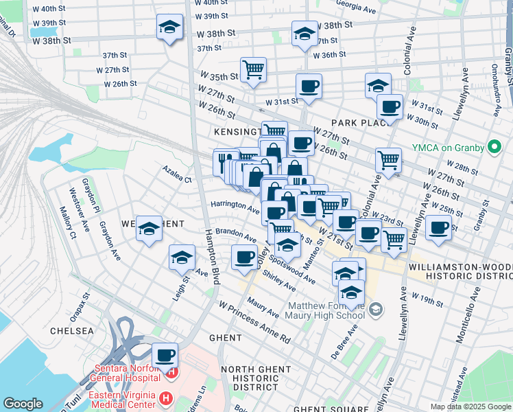 map of restaurants, bars, coffee shops, grocery stores, and more near 827 West 21st Street in Norfolk