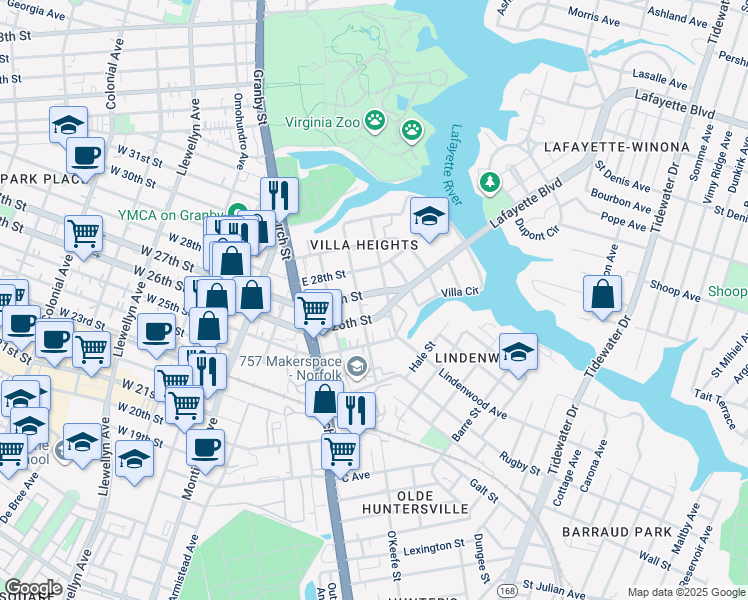 map of restaurants, bars, coffee shops, grocery stores, and more near 815 East 27th Street in Norfolk