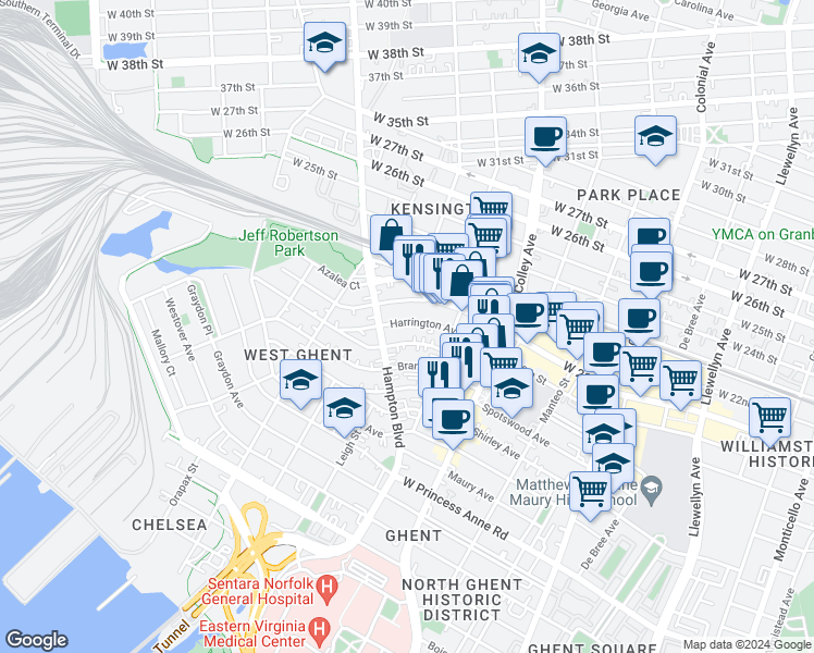 map of restaurants, bars, coffee shops, grocery stores, and more near 941 Harrington Avenue in Norfolk