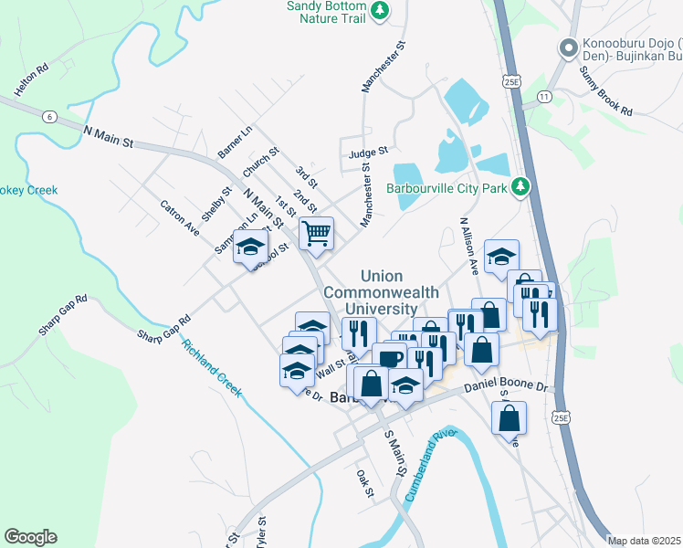 map of restaurants, bars, coffee shops, grocery stores, and more near 310 College Street in Barbourville