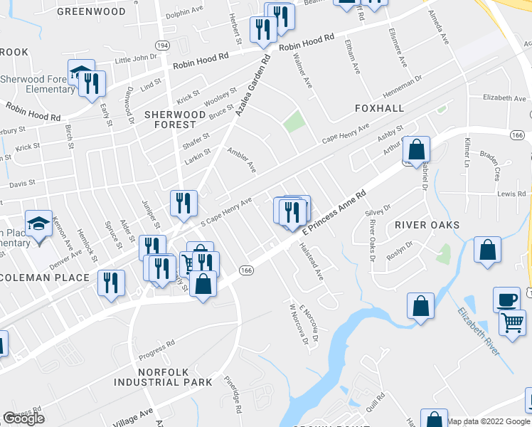 map of restaurants, bars, coffee shops, grocery stores, and more near 1555 Halstead Avenue in Norfolk