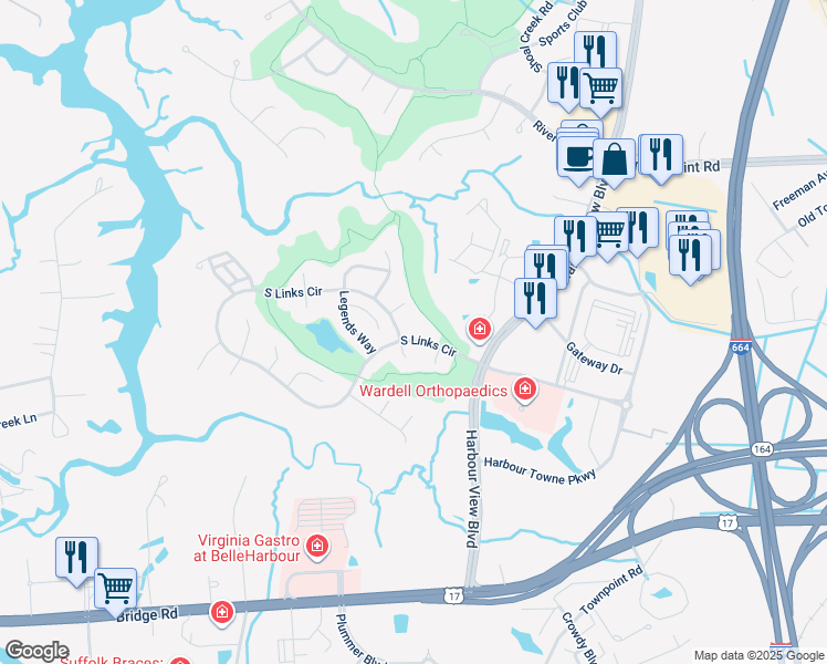 map of restaurants, bars, coffee shops, grocery stores, and more near 5006 South Links Circle in Suffolk