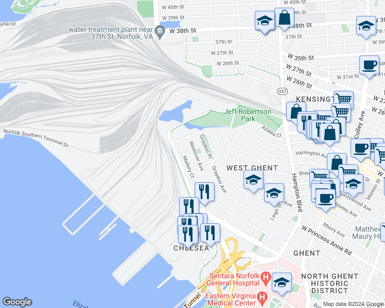 map of restaurants, bars, coffee shops, grocery stores, and more near 1427 Westover Avenue in Norfolk