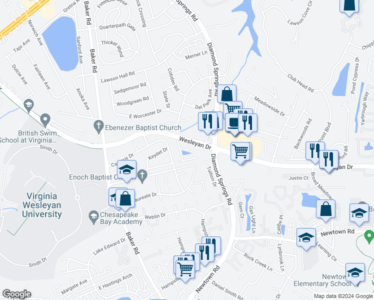 map of restaurants, bars, coffee shops, grocery stores, and more near 5576 Goose Pond Lane in Virginia Beach