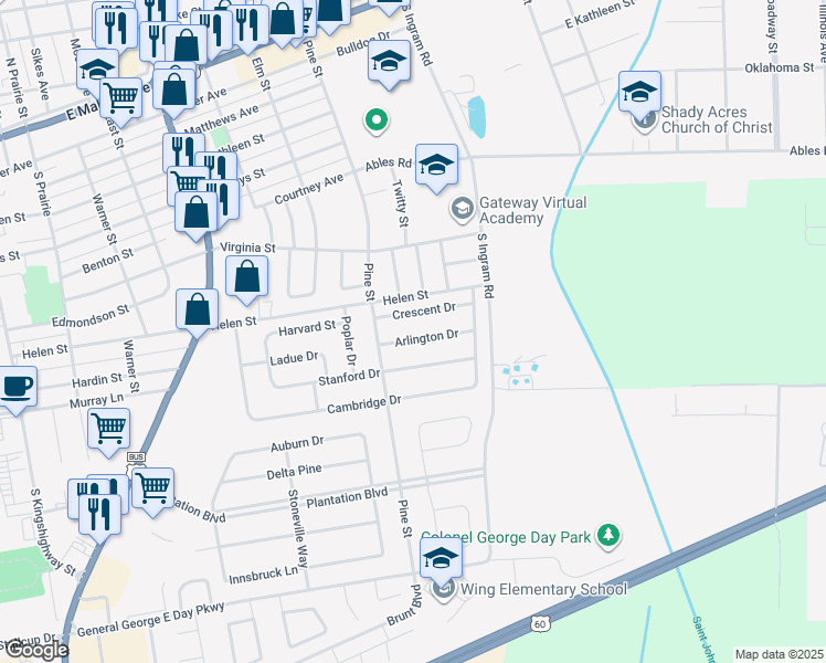 map of restaurants, bars, coffee shops, grocery stores, and more near 917 Crescent Drive in Sikeston