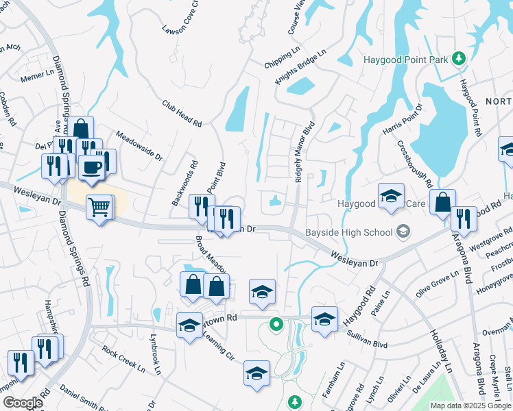 map of restaurants, bars, coffee shops, grocery stores, and more near 1192 Grace Hill Drive in Virginia Beach