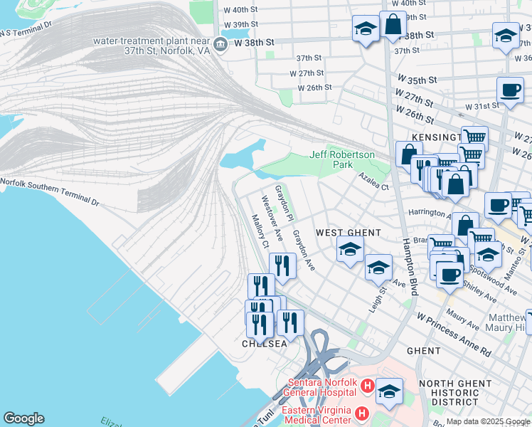 map of restaurants, bars, coffee shops, grocery stores, and more near 1427 Westover Avenue in Norfolk