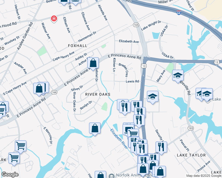 map of restaurants, bars, coffee shops, grocery stores, and more near 1357 Kilmer Court in Norfolk