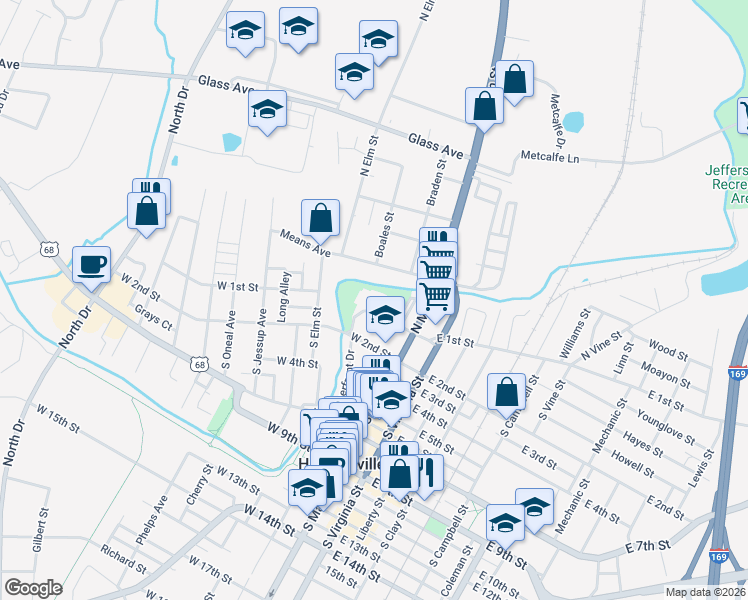 map of restaurants, bars, coffee shops, grocery stores, and more near 112 West 1st Street in Hopkinsville