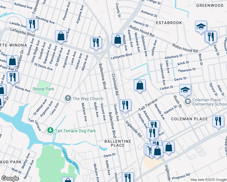 map of restaurants, bars, coffee shops, grocery stores, and more near 2738 Grandy Avenue in Norfolk