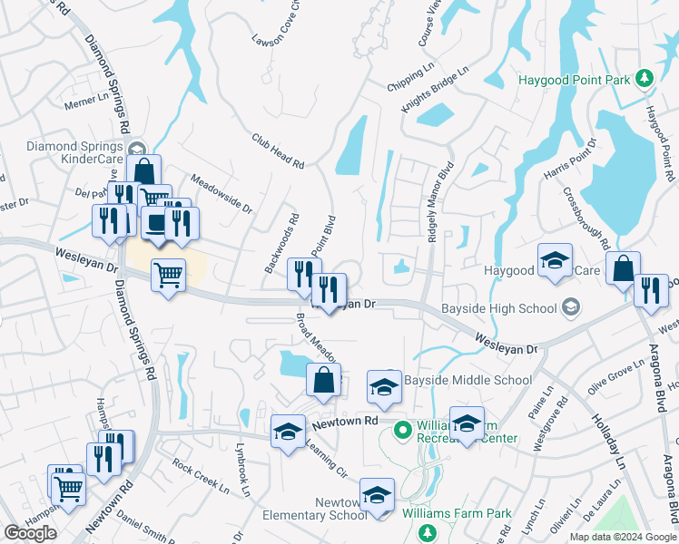 map of restaurants, bars, coffee shops, grocery stores, and more near 5347 Deford Road in Virginia Beach