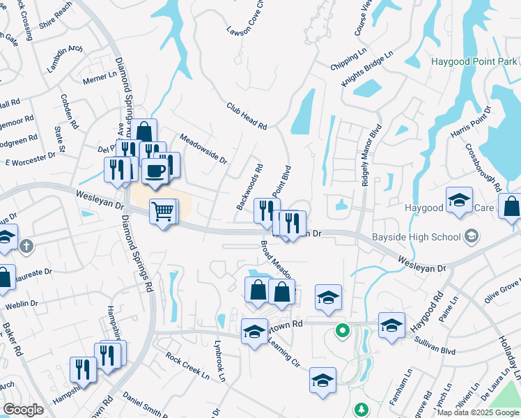 map of restaurants, bars, coffee shops, grocery stores, and more near 5302 Brookstone Lane in Virginia Beach