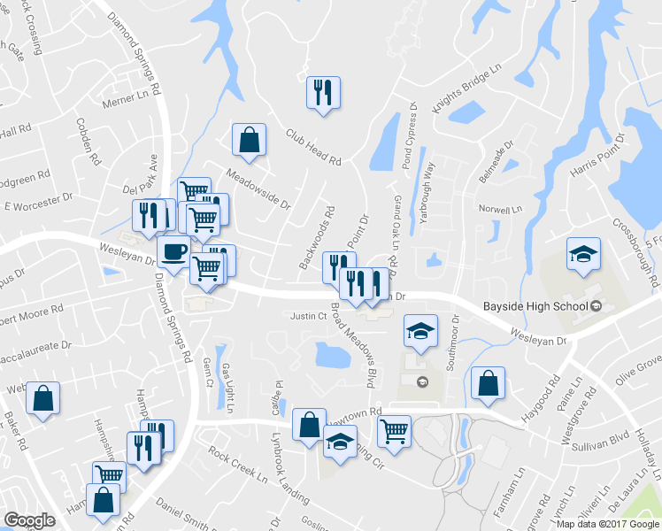 map of restaurants, bars, coffee shops, grocery stores, and more near 5302 Brookstone Lane in Virginia Beach