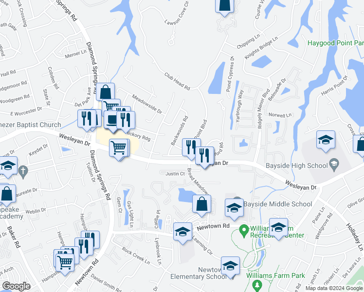map of restaurants, bars, coffee shops, grocery stores, and more near 5310 Brookstone Lane in Virginia Beach