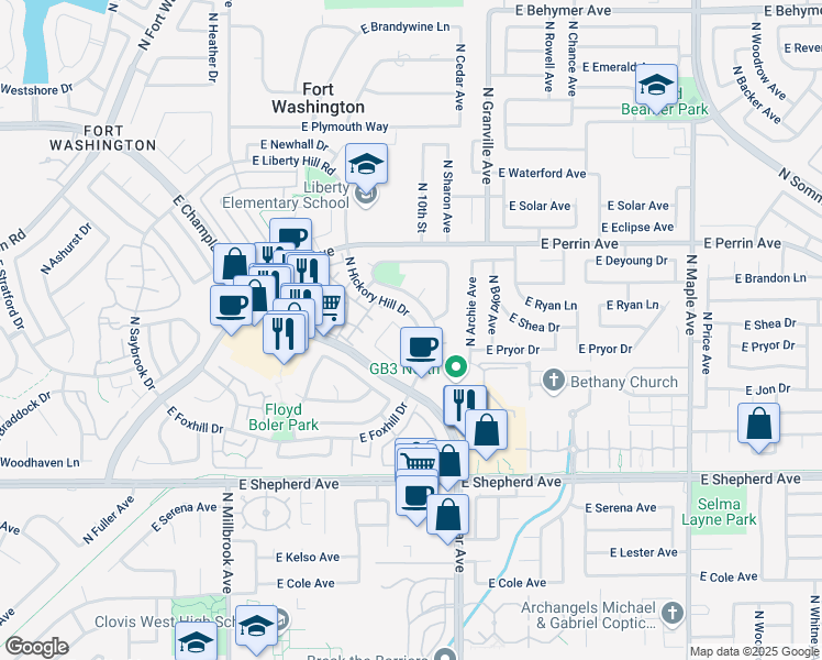 map of restaurants, bars, coffee shops, grocery stores, and more near 9329 North Valley Green Drive in Fresno