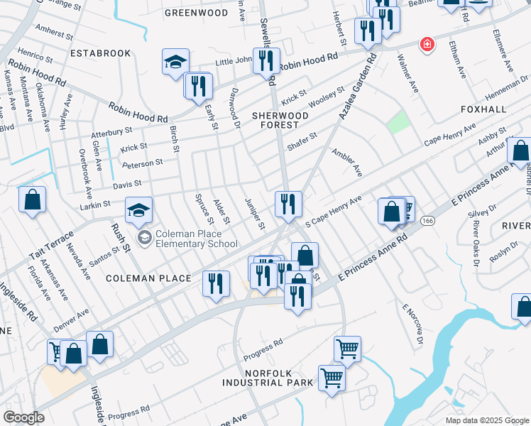 map of restaurants, bars, coffee shops, grocery stores, and more near 2330 Aspin Street in Norfolk