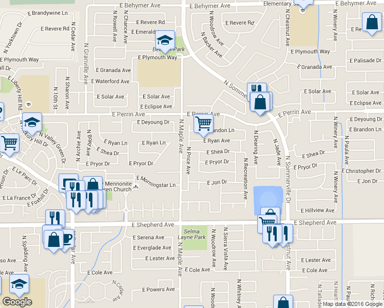 map of restaurants, bars, coffee shops, grocery stores, and more near 2068 East Shea Drive in Fresno
