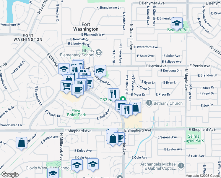 map of restaurants, bars, coffee shops, grocery stores, and more near 9329 North Valley Green Drive in Fresno
