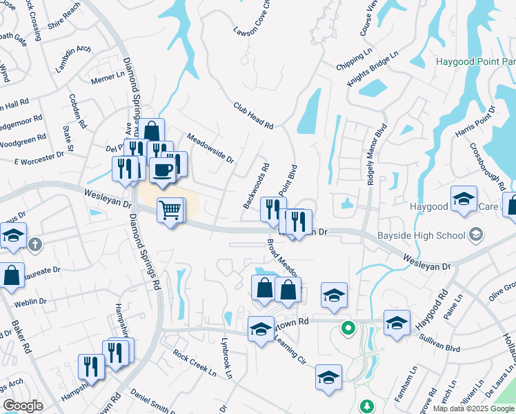 map of restaurants, bars, coffee shops, grocery stores, and more near 5312 Brookstone Lane in Virginia Beach