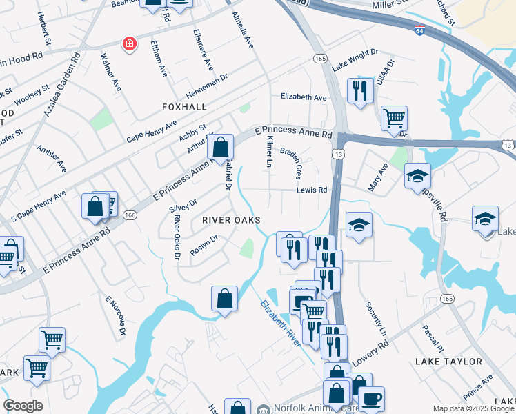 map of restaurants, bars, coffee shops, grocery stores, and more near 1357 Kilmer Court in Norfolk