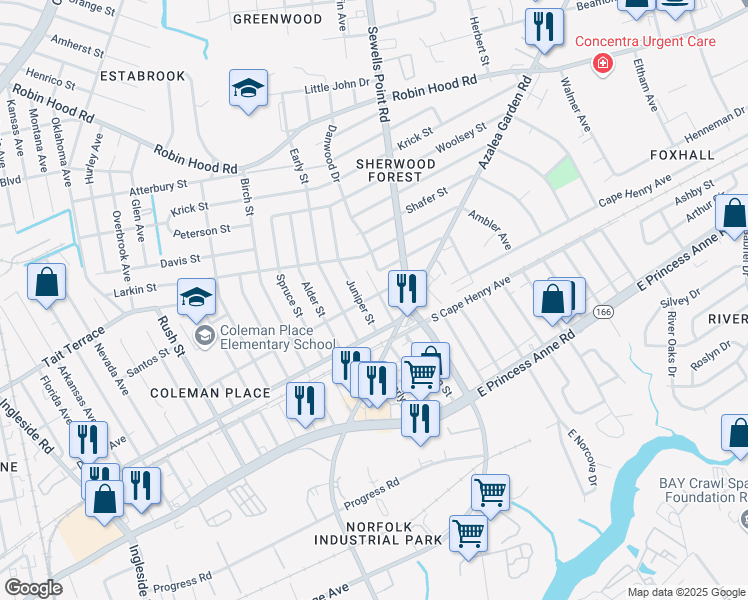map of restaurants, bars, coffee shops, grocery stores, and more near 2330 Aspin Street in Norfolk