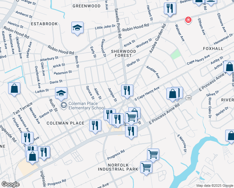 map of restaurants, bars, coffee shops, grocery stores, and more near 4651 Denver Avenue in Norfolk