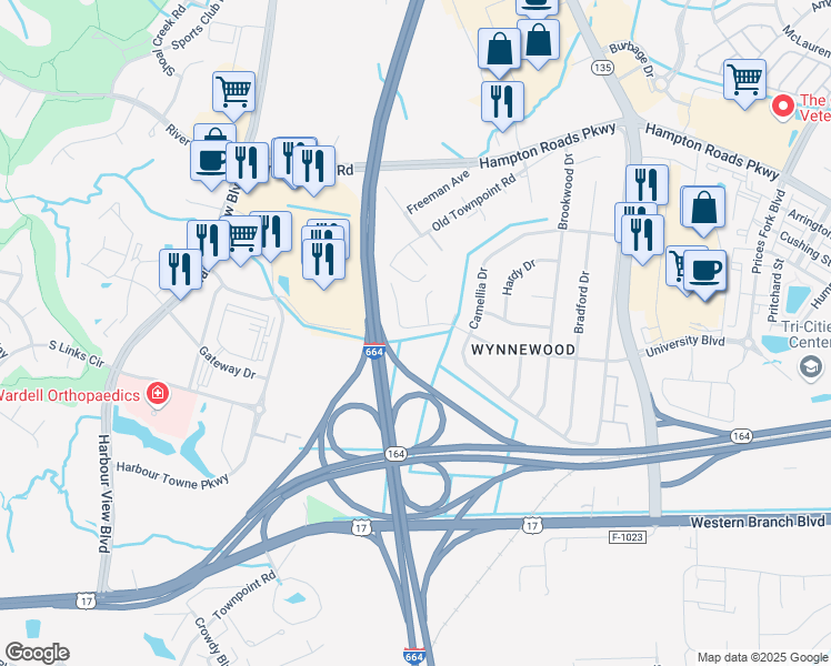 map of restaurants, bars, coffee shops, grocery stores, and more near 4577 Magnolia Drive in Suffolk