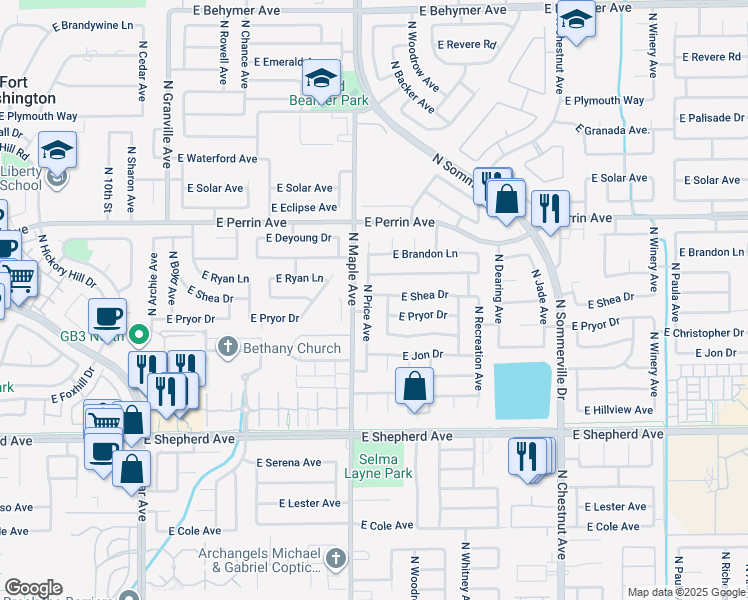 map of restaurants, bars, coffee shops, grocery stores, and more near 2068 East Shea Drive in Fresno
