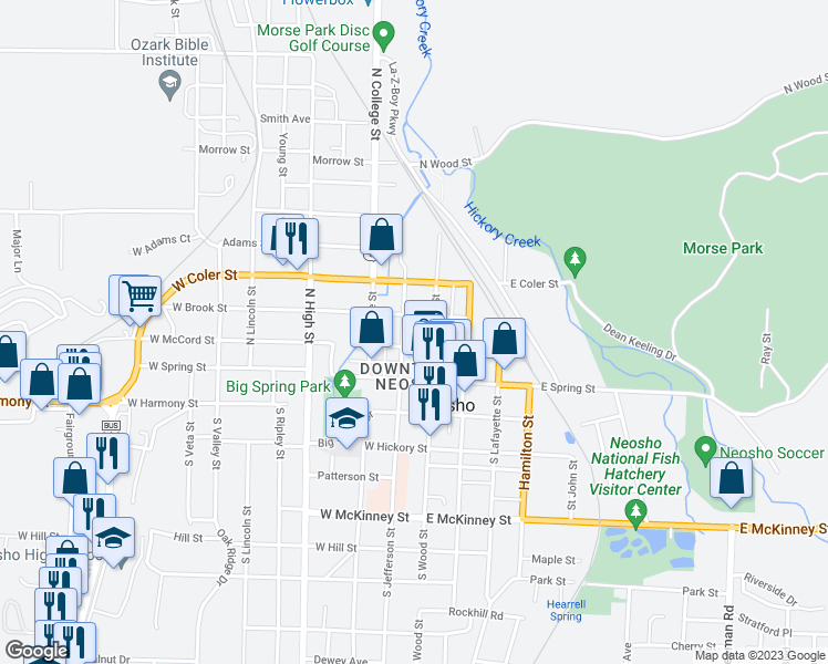 map of restaurants, bars, coffee shops, grocery stores, and more near 201 North Jefferson Street in Neosho