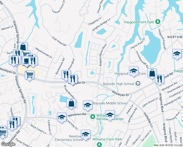 map of restaurants, bars, coffee shops, grocery stores, and more near 1205 Grace Hill Drive in Virginia Beach
