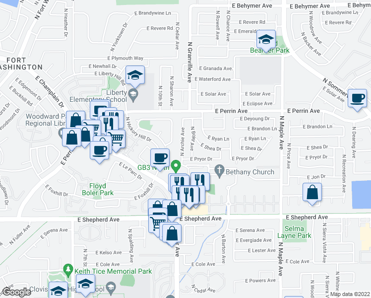 map of restaurants, bars, coffee shops, grocery stores, and more near 9308 North Archie Avenue in Fresno