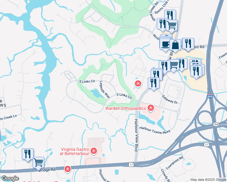 map of restaurants, bars, coffee shops, grocery stores, and more near 2029 Augusta Court in Suffolk
