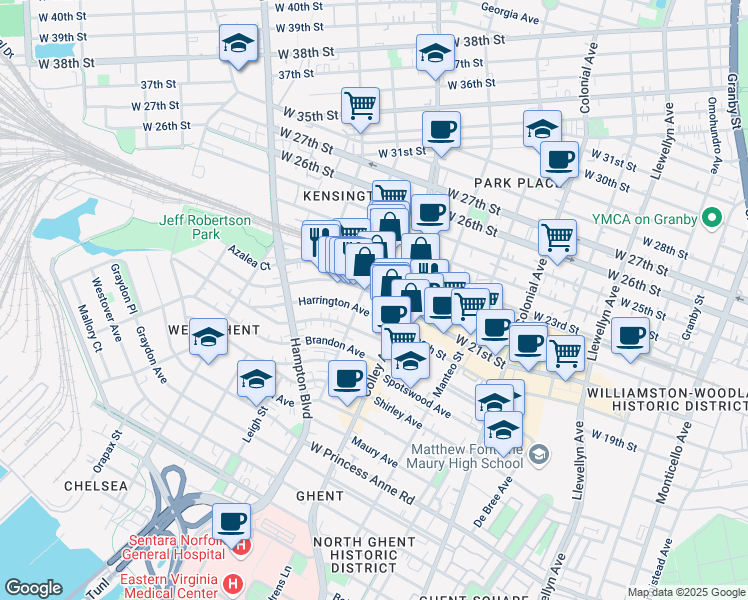 map of restaurants, bars, coffee shops, grocery stores, and more near 827 West 21st Street in Norfolk
