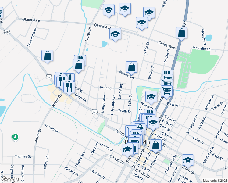 map of restaurants, bars, coffee shops, grocery stores, and more near 599 West 1st Street in Hopkinsville