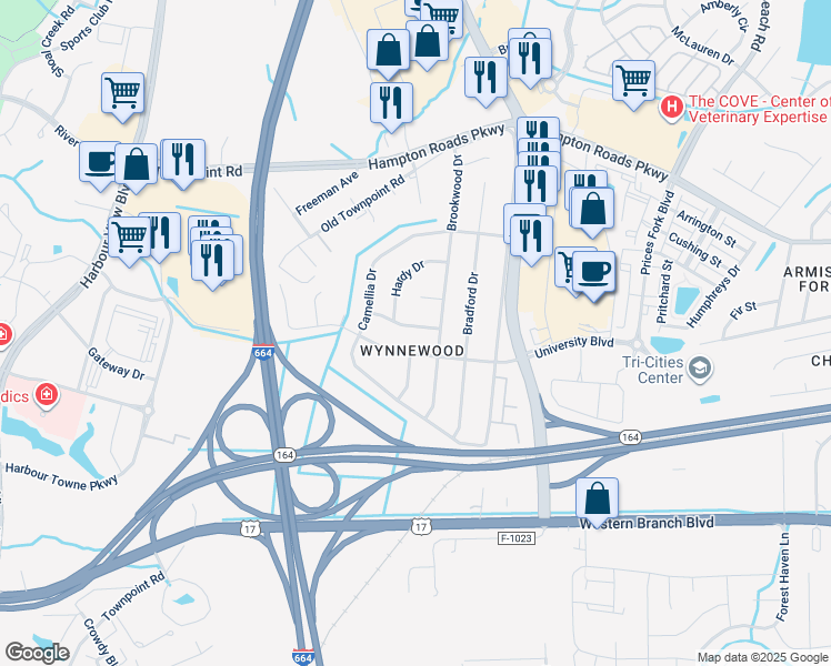 map of restaurants, bars, coffee shops, grocery stores, and more near 4625 Maplewood Drive in Suffolk