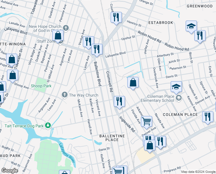 map of restaurants, bars, coffee shops, grocery stores, and more near 2742 Grandy Avenue in Norfolk