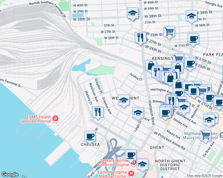 map of restaurants, bars, coffee shops, grocery stores, and more near 1400 West Princess Anne Road in Norfolk