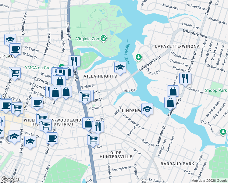 map of restaurants, bars, coffee shops, grocery stores, and more near 2595 Ruffin Way in Norfolk